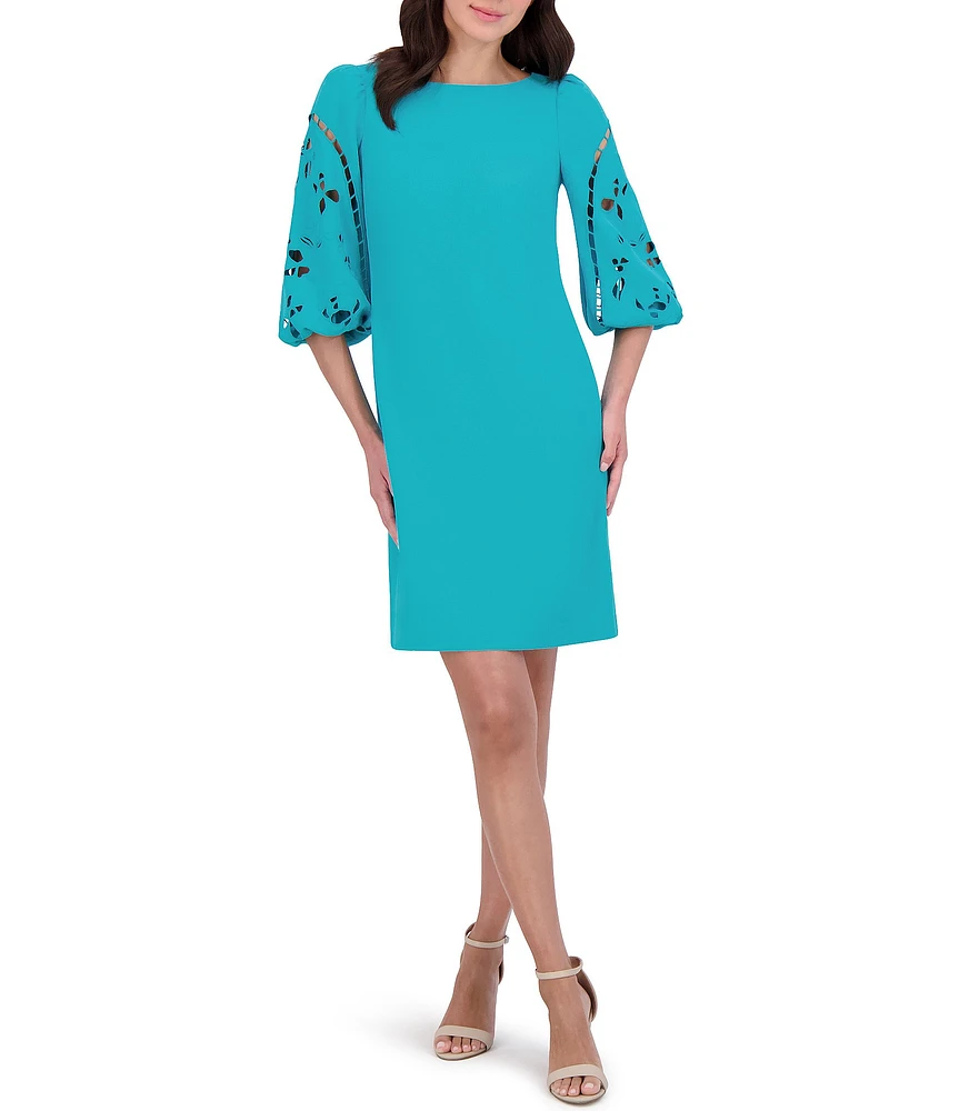 Vince Camuto Boat Neck 3/4 Laser-Cut Puff Sleeve Stretch Crepe Sheath Dress
