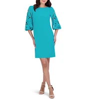 Vince Camuto Boat Neck 3/4 Laser-Cut Puff Sleeve Stretch Crepe Sheath Dress