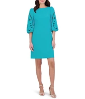 Vince Camuto Boat Neck 3/4 Laser-Cut Puff Sleeve Stretch Crepe Sheath Dress