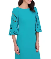 Vince Camuto Boat Neck 3/4 Laser-Cut Puff Sleeve Stretch Crepe Sheath Dress