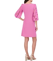 Vince Camuto Boat Neck 3/4 Laser-Cut Puff Sleeve Stretch Crepe Sheath Dress