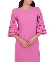 Vince Camuto Boat Neck 3/4 Laser-Cut Puff Sleeve Stretch Crepe Sheath Dress