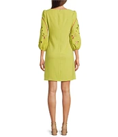 Vince Camuto Boat Neck 3/4 Laser-Cut Puff Sleeve Stretch Crepe Sheath Dress