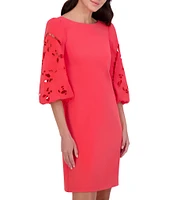 Vince Camuto Boat Neck 3/4 Laser-Cut Puff Sleeve Stretch Crepe Sheath Dress