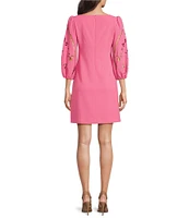 Vince Camuto Boat Neck 3/4 Laser-Cut Puff Sleeve Stretch Crepe Sheath Dress