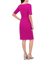 Vince Camuto Boat Neck Short Sleeve Cascading Ruffled Waist Scuba Knit Sheath Dress