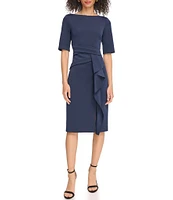 Vince Camuto Boat Neck Short Sleeve Cascading Ruffled Waist Scuba Knit Sheath Dress