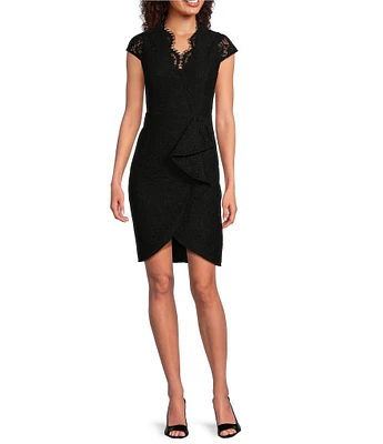 Vince Camuto Cap Sleeve Wrap Lace V-Neck Sheath Dress