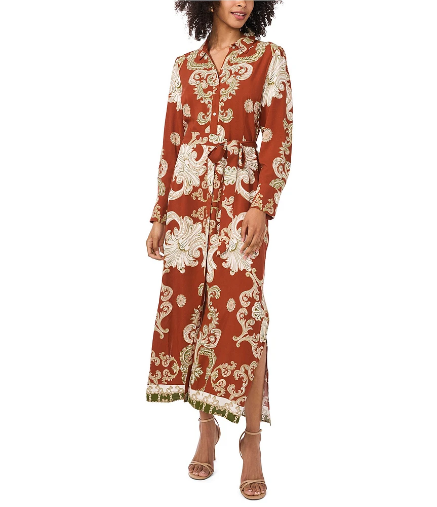 Vince Camuto Challis Rococo Seashell Abstract Print Point Collar Button Front Roll Tab Long Sleeve Belted Midi Shirt Dress