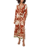 Vince Camuto Challis Rococo Seashell Abstract Print Point Collar Button Front Roll Tab Long Sleeve Belted Midi Shirt Dress