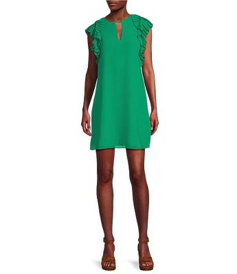 Vince Camuto Chiffon Float Ruffle Sleeveless Keyhole Crew Neck Shift Dress