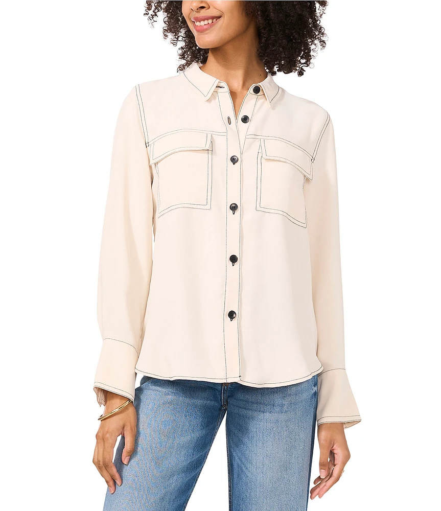 Vince Camuto Contrast Stitching Collared Button Down Top