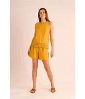 Vince Camuto Coordinating Woven Crew Neck Sleeveless Lace Hem Blouse