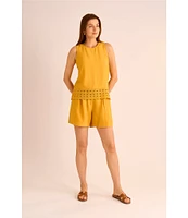 Vince Camuto Coordinating Woven Crew Neck Sleeveless Lace Hem Blouse