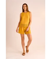 Vince Camuto Coordinating Woven Crew Neck Sleeveless Lace Hem Blouse