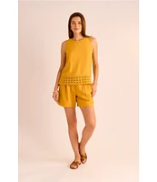 Vince Camuto Coordinating Woven Crew Neck Sleeveless Lace Hem Blouse
