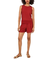 Vince Camuto Coordinating Woven Crew Neck Sleeveless Lace Hem Blouse