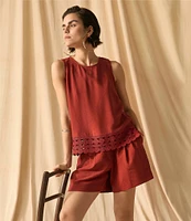 Vince Camuto Coordinating Woven Crew Neck Sleeveless Lace Hem Blouse