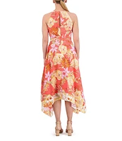 Vince Camuto Crepe de Chine Floral Print Halter Neck Sleeveless Handkerchief Hem A-Line Pocketed Midi Dress