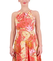 Vince Camuto Crepe de Chine Floral Print Halter Neck Sleeveless Handkerchief Hem A-Line Pocketed Midi Dress