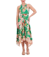 Vince Camuto Crepe de Chine Floral Print Halter Neck Sleeveless Handkerchief Hem A-Line Pocketed Midi Dress