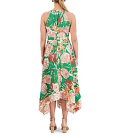 Vince Camuto Crepe de Chine Floral Print Halter Neck Sleeveless Handkerchief Hem A-Line Pocketed Midi Dress