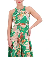 Vince Camuto Crepe de Chine Floral Print Halter Neck Sleeveless Handkerchief Hem A-Line Pocketed Midi Dress