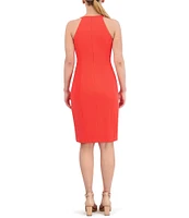 Vince Camuto Crepe Halter Neck Sleeveless Ruffle Front Side Slit Sheath Dress