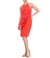 Vince Camuto Crepe Halter Neck Sleeveless Ruffle Front Side Slit Sheath Dress