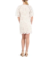 Vince Camuto Crew Neck Elbow Sleeve Scalloped Hem Lace Illusion Shift Dress