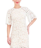 Vince Camuto Crew Neck Elbow Sleeve Scalloped Hem Lace Illusion Shift Dress