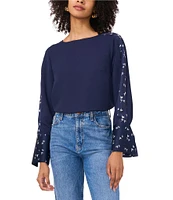 Vince Camuto Crew Neck Long Floral Sleeve Split Button Cuff Blouse