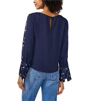 Vince Camuto Crew Neck Long Floral Sleeve Split Button Cuff Blouse