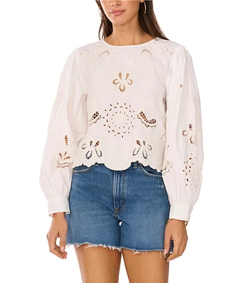 Vince Camuto Crew Neck Long Sleeve Embroidered Blouse