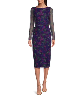 Vince Camuto Crew Neck Long Sleeve Floral Midi Mesh Dress