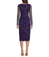 Vince Camuto Crew Neck Long Sleeve Floral Midi Mesh Dress