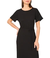 Vince Camuto Crew Neck Short Sleeve Belted Midi Shirt Dress