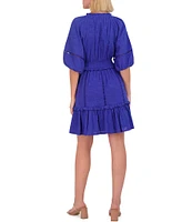 Vince Camuto Crew Neck Tie Front Elbow Length Puffed Sleeve Dress