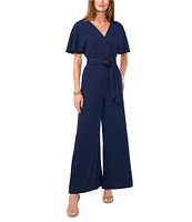 Vince Camuto Crinkle Twill V-Neck Short Sleeve Belted Wide Leg Jumpsuit