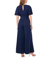 Vince Camuto Crinkle Twill V-Neck Short Sleeve Belted Wide Leg Jumpsuit