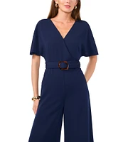 Vince Camuto Crinkle Twill V-Neck Short Sleeve Belted Wide Leg Jumpsuit