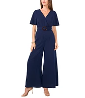 Vince Camuto Crinkle Twill V-Neck Short Sleeve Belted Wide Leg Jumpsuit