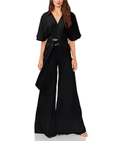 Vince Camuto Crinkle Twill V-Neck Short Sleeve Belted Wide Leg Jumpsuit