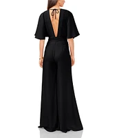 Vince Camuto Crinkle Twill V-Neck Short Sleeve Belted Wide Leg Jumpsuit