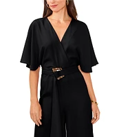 Vince Camuto Crinkle Twill V-Neck Short Sleeve Belted Wide Leg Jumpsuit