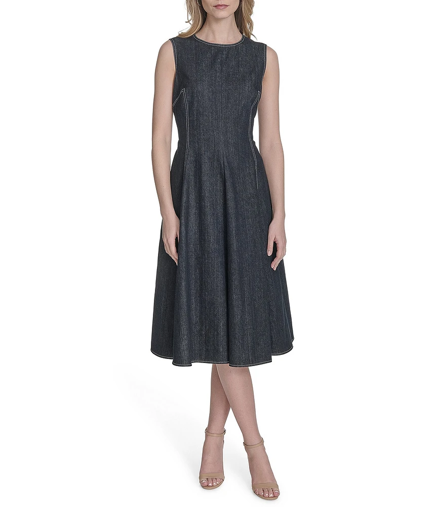 Vince Camuto Denim Boat Sleeveless Neckline Fit and Flare Midi Dress