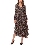 Vince Camuto Ditsy Floral Georgette V-Neck Long Blouson Sleeve Button Front Tie Waist A-Line Tiered Ruffle Shirttail Midi Dress