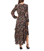 Vince Camuto Ditsy Floral Georgette V-Neck Long Blouson Sleeve Button Front Tie Waist A-Line Tiered Ruffle Shirttail Midi Dress