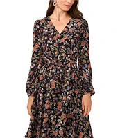 Vince Camuto Ditsy Floral Georgette V-Neck Long Blouson Sleeve Button Front Tie Waist A-Line Tiered Ruffle Shirttail Midi Dress