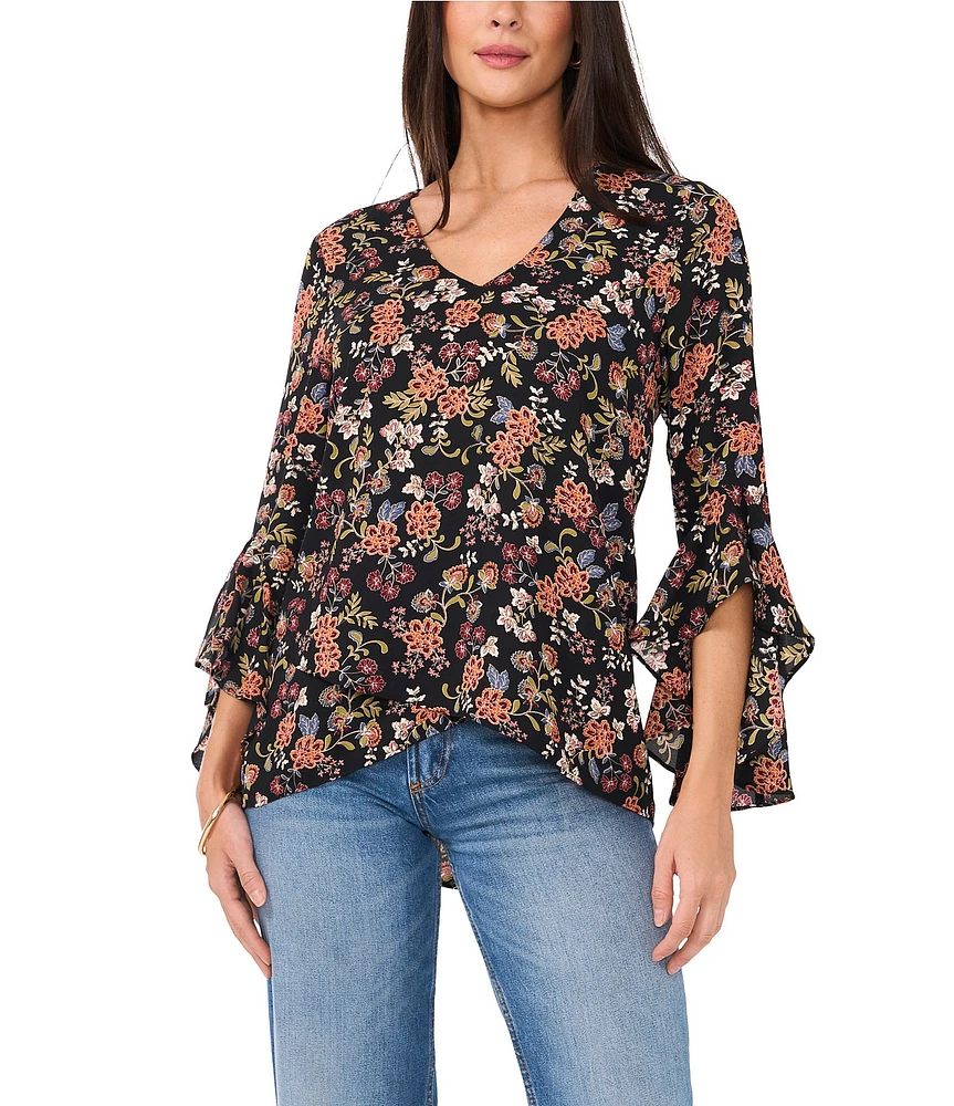 Vince Camuto Ditsy Floral Woven Georgette V-Neck 3/4 Flutter Sleeve SharkBite Blouse